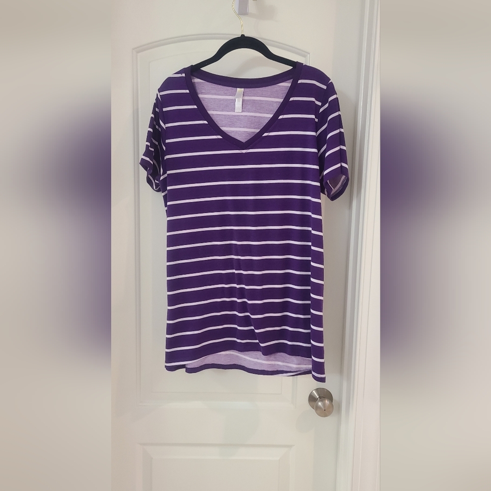 Lula Roe Purple Striped V-Neck Women's Short Sleeve Tunic